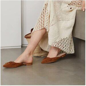FOWT Basic Brown Low Heel Almond Toe Slingback Mule Bow Knot Suede Slippers